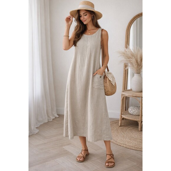 Dresses & Skirts - Vintage Linen Blend Midi Dress Womens Medium Neutral Beige Minimalist Relaxed Fi